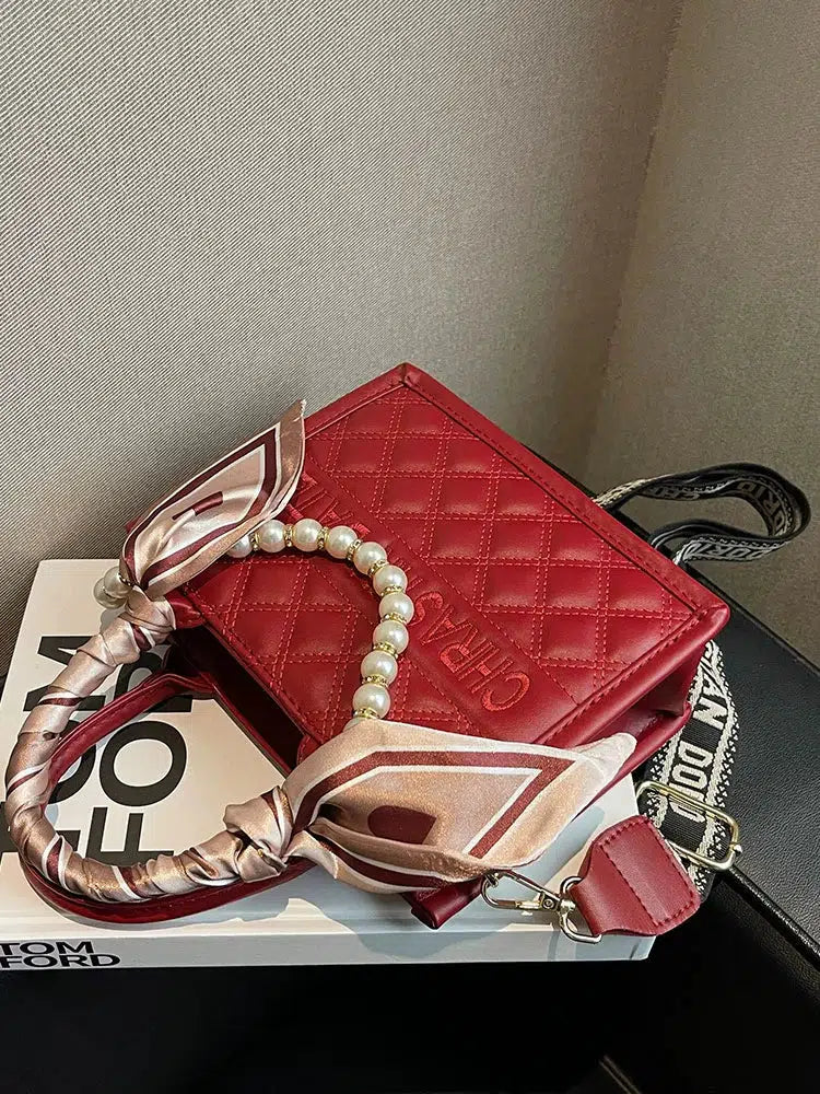 Bow Pearl Accents Quilted Tote Bag