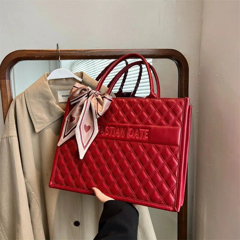 Bow Pearl Accents Quilted Tote Bag