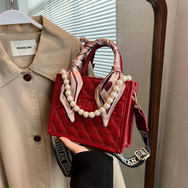 Bow Pearl Accents Quilted Tote Bag