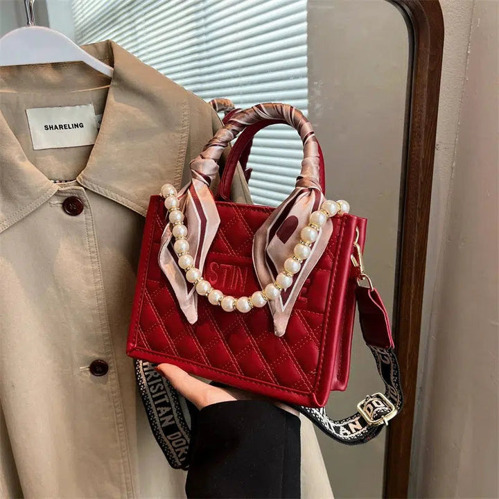 Bow Pearl Accents Quilted Tote Bag