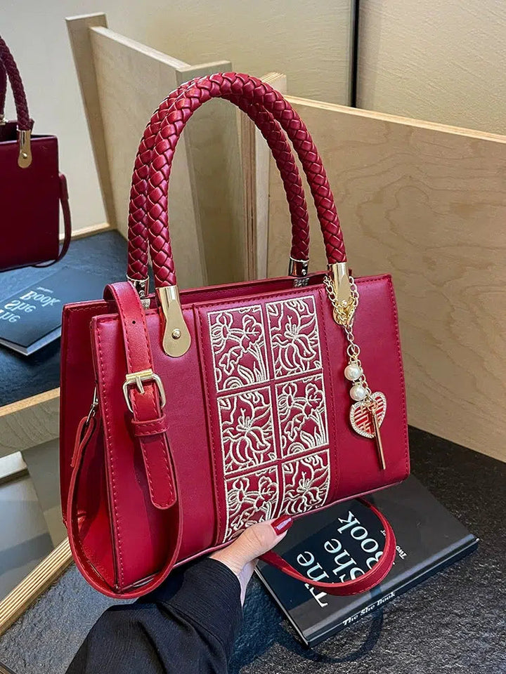 Braided Handle Embroidered Handbag