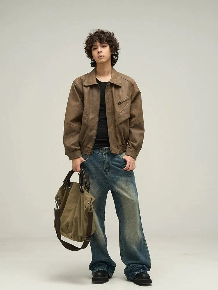 Brown Distressed PU Leather Jacket