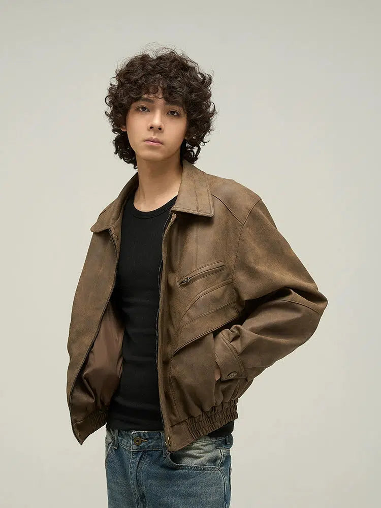 Brown Distressed PU Leather Jacket