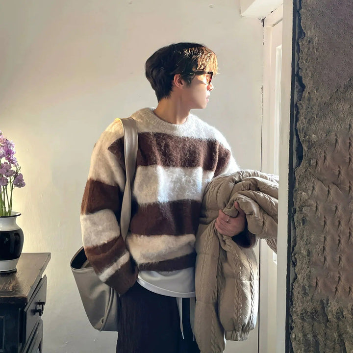 Brown Striped Furry Sweater