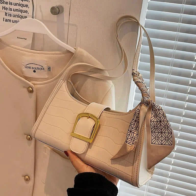 Buckle Crocodile Embossed Shoulder Bag