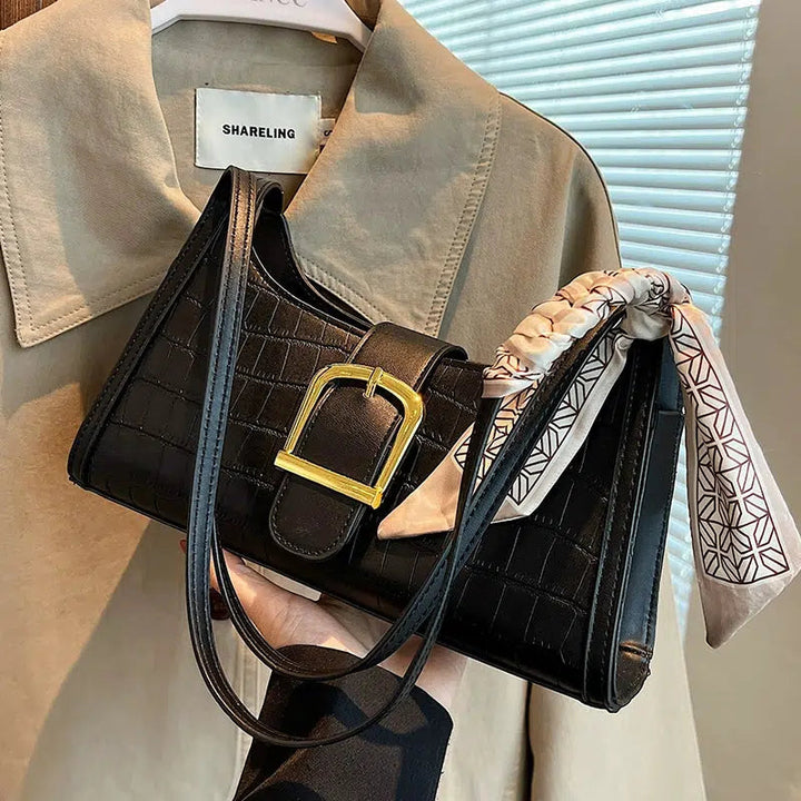 Buckle Crocodile Embossed Shoulder Bag