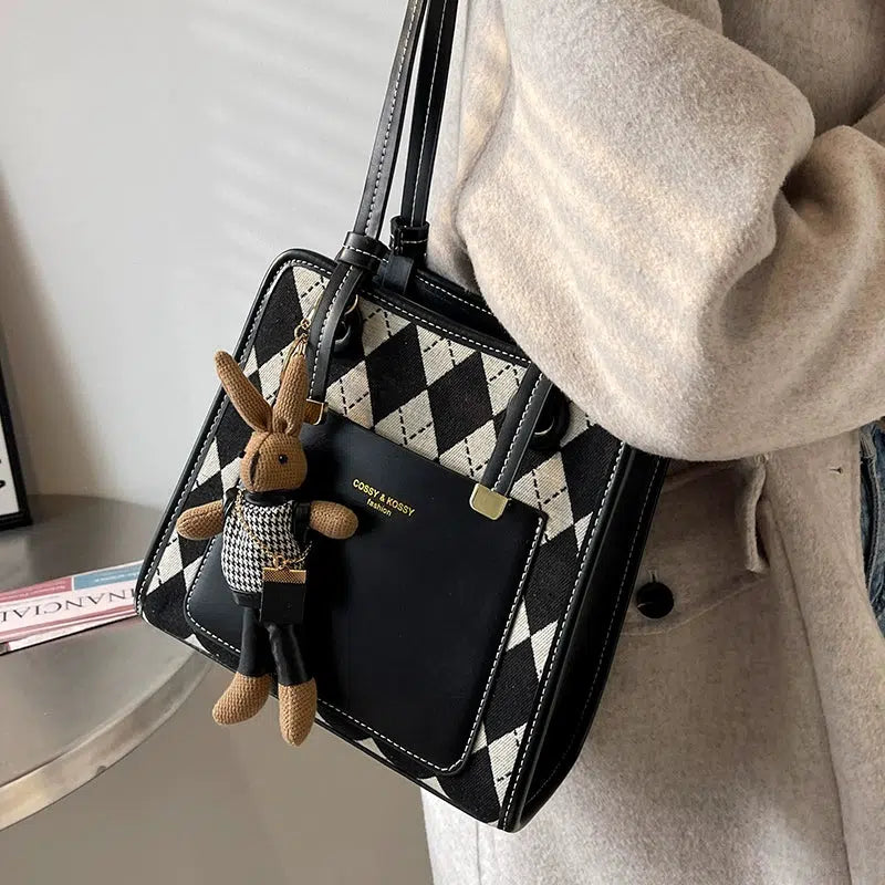 Bunny Keychain Argyle Pattern Tote Bag