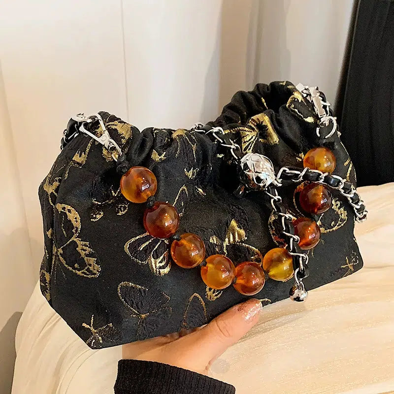 Butterfly Embroidered Beaded Handle Bag