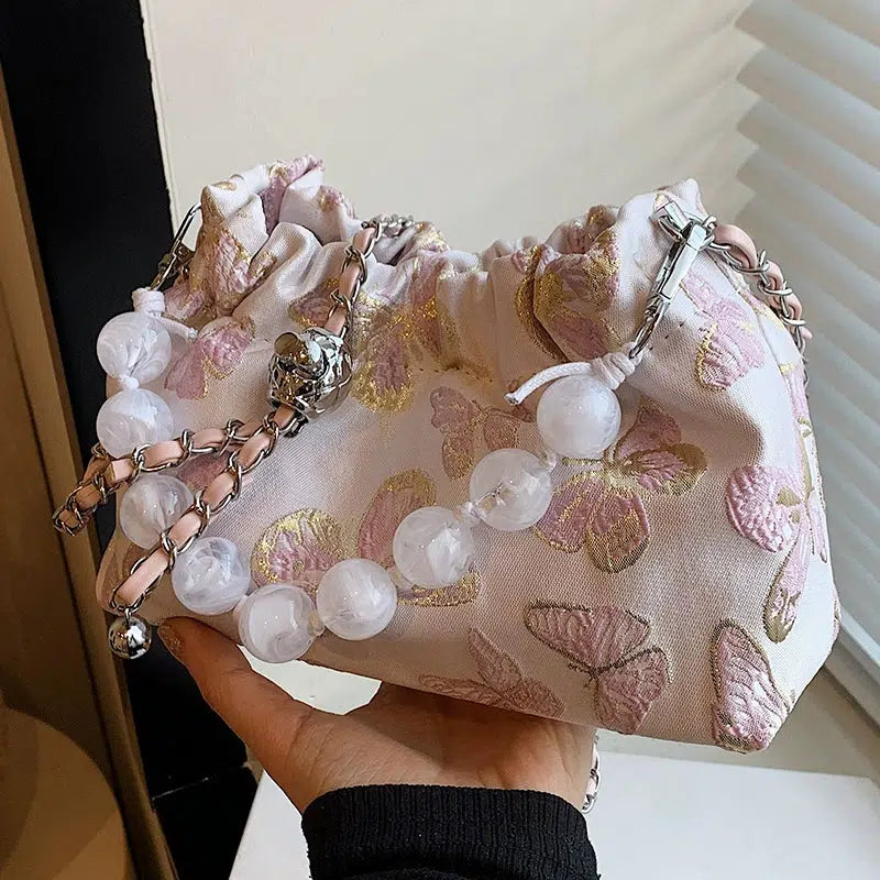 Butterfly Embroidered Beaded Handle Bag