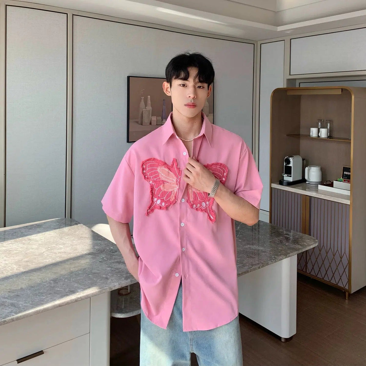 Butterfly Embroidered Short-Sleeve Shirt