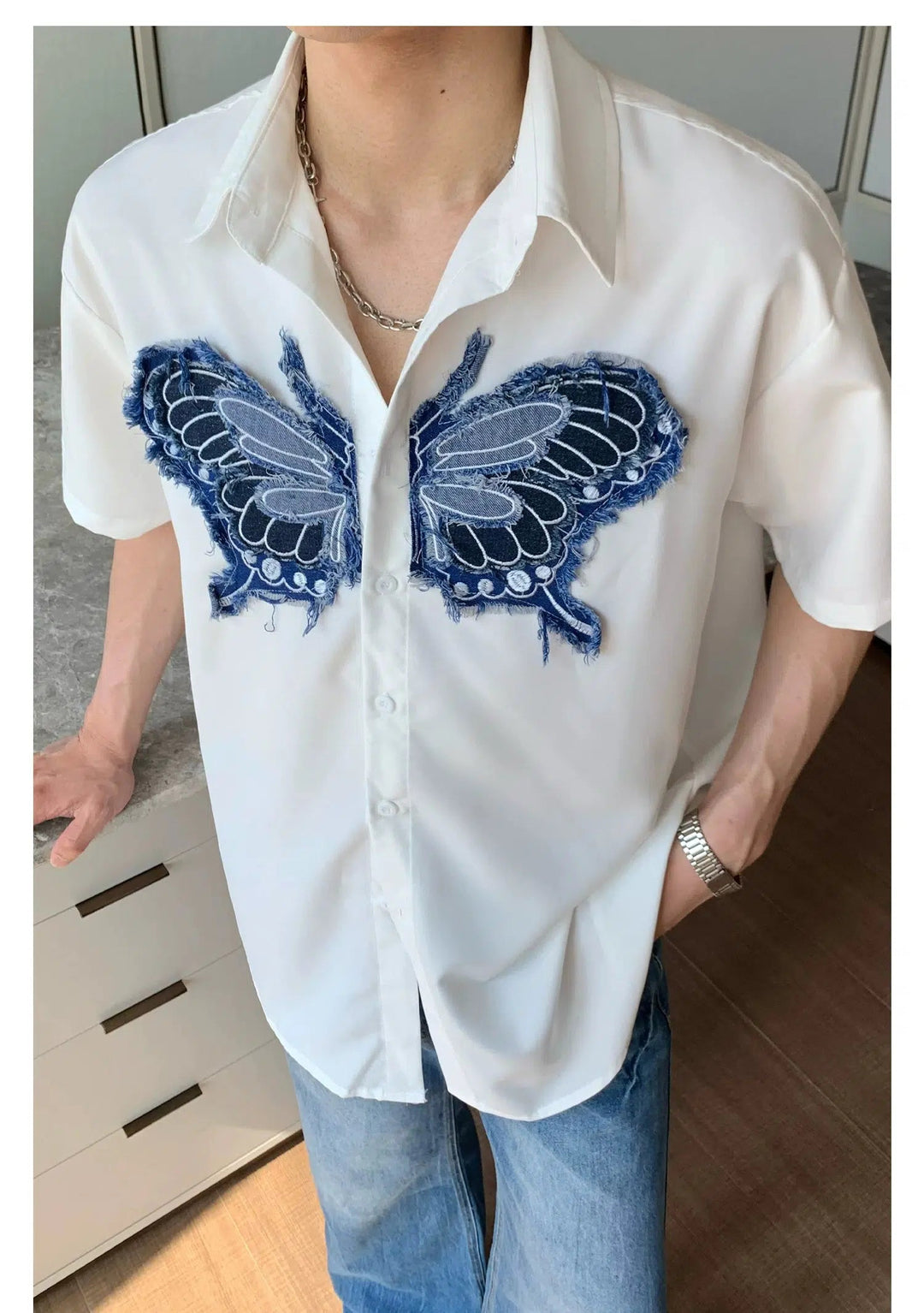 Butterfly Embroidered Short-Sleeve Shirt