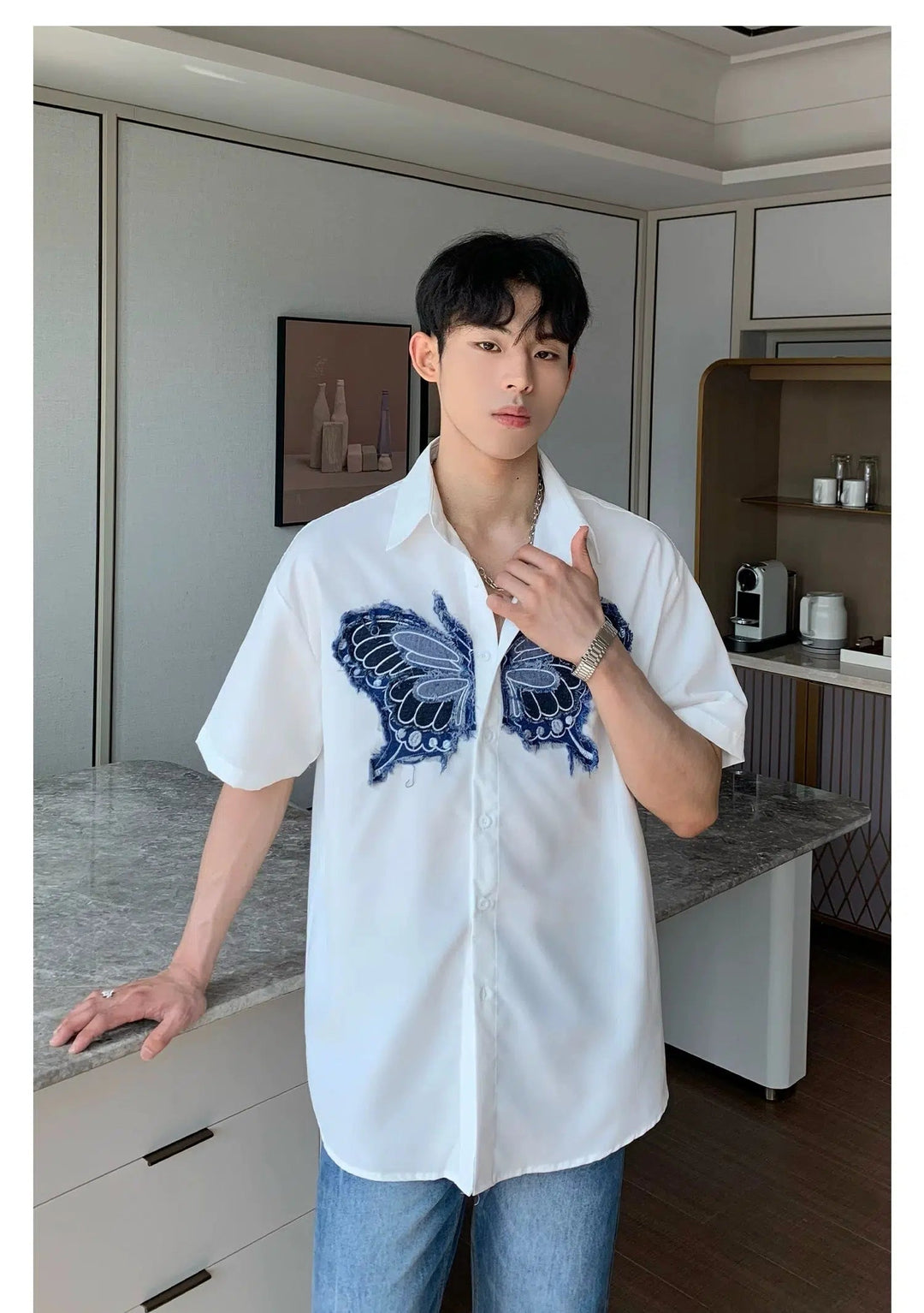Butterfly Embroidered Short-Sleeve Shirt