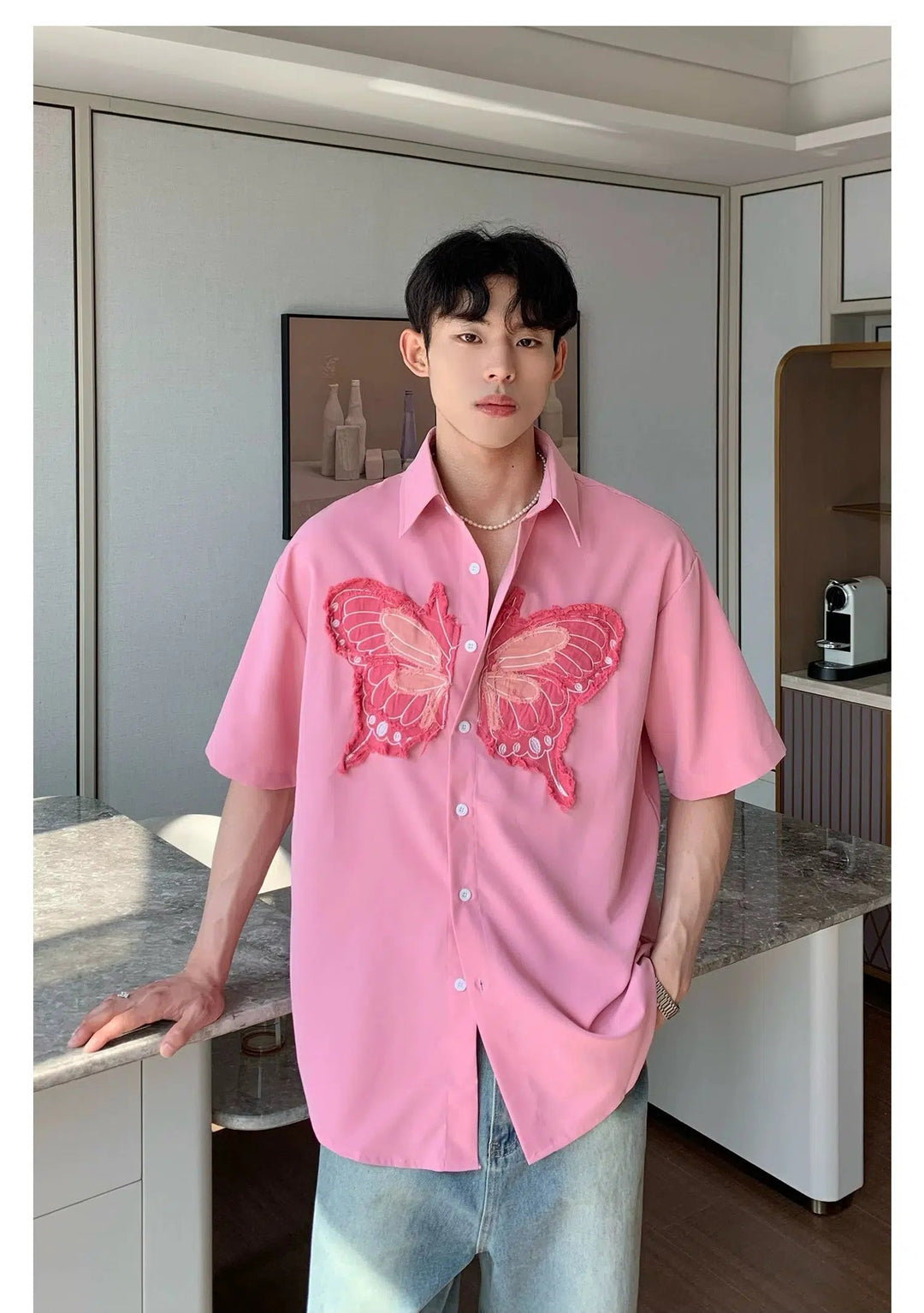 Butterfly Embroidered Short-Sleeve Shirt