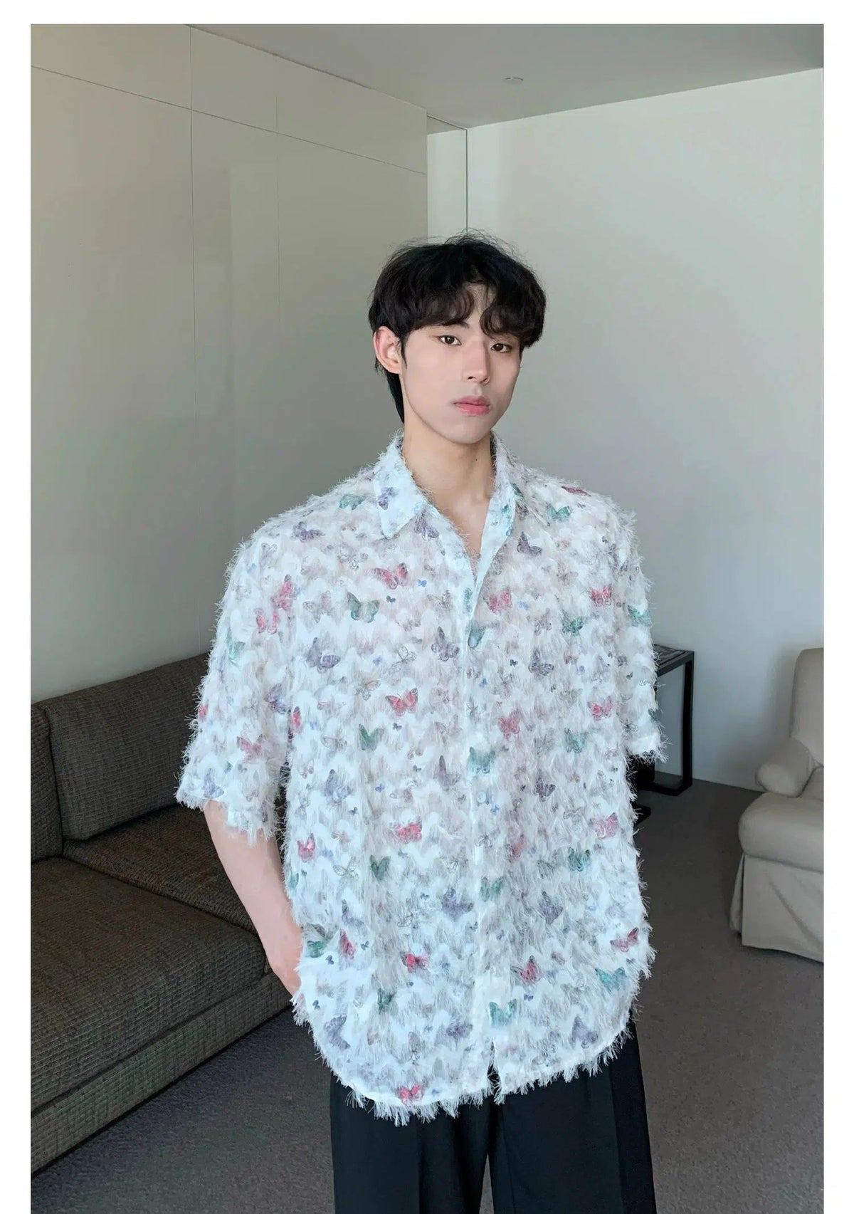 Butterfly Print Fringed Long Sleeve Shirt