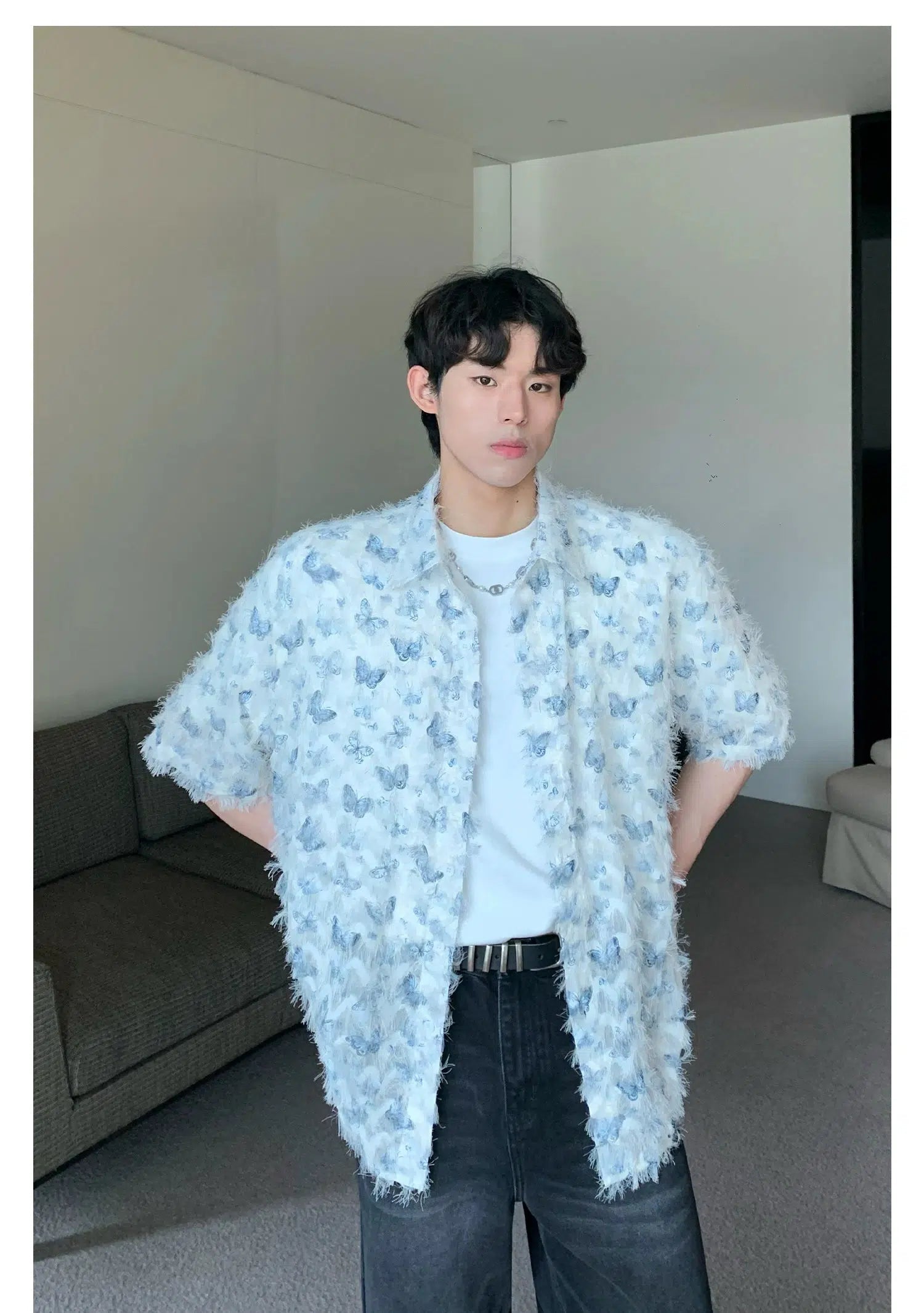 Butterfly Print Fringed Long Sleeve Shirt