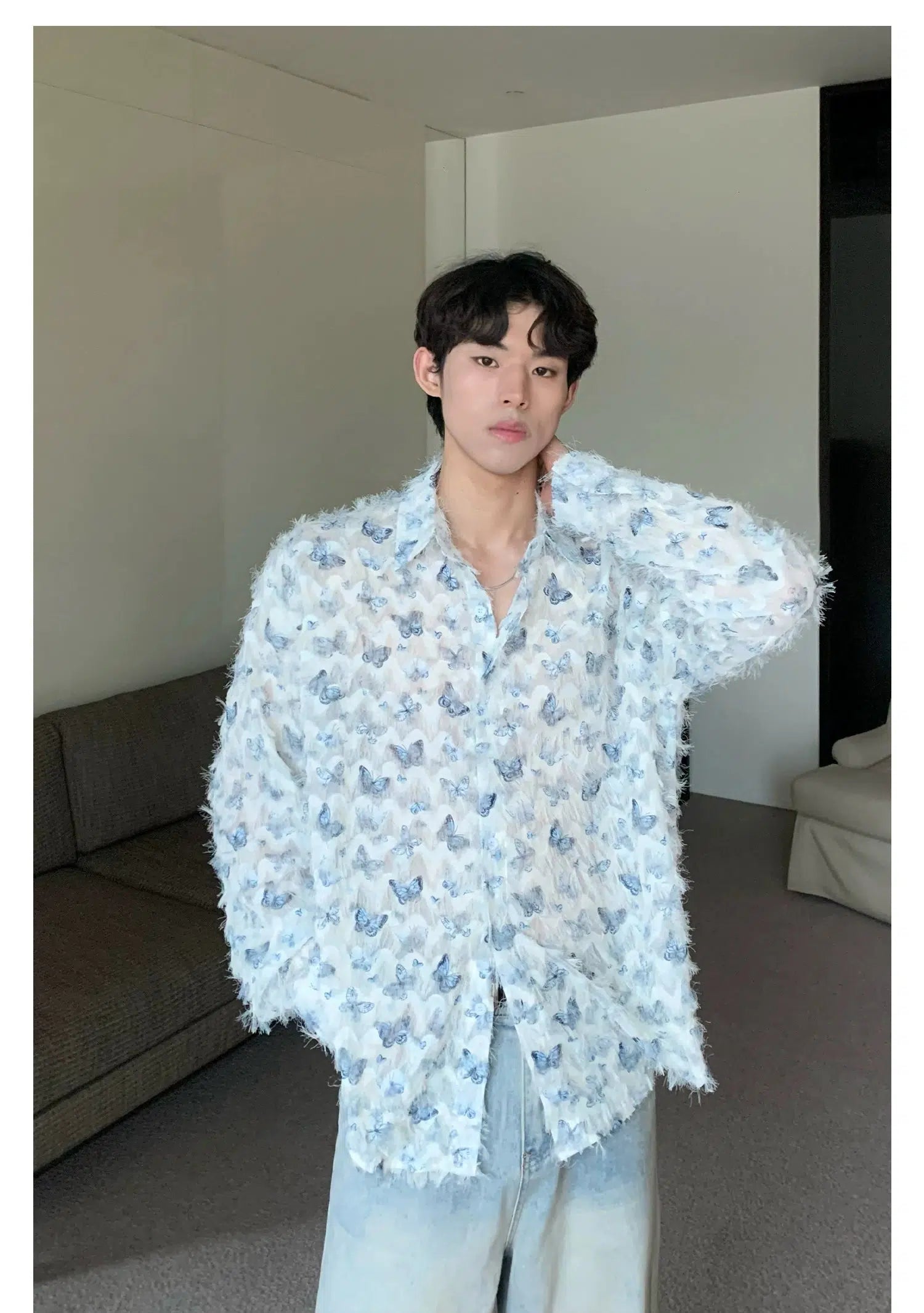 Butterfly Print Fringed Long Sleeve Shirt