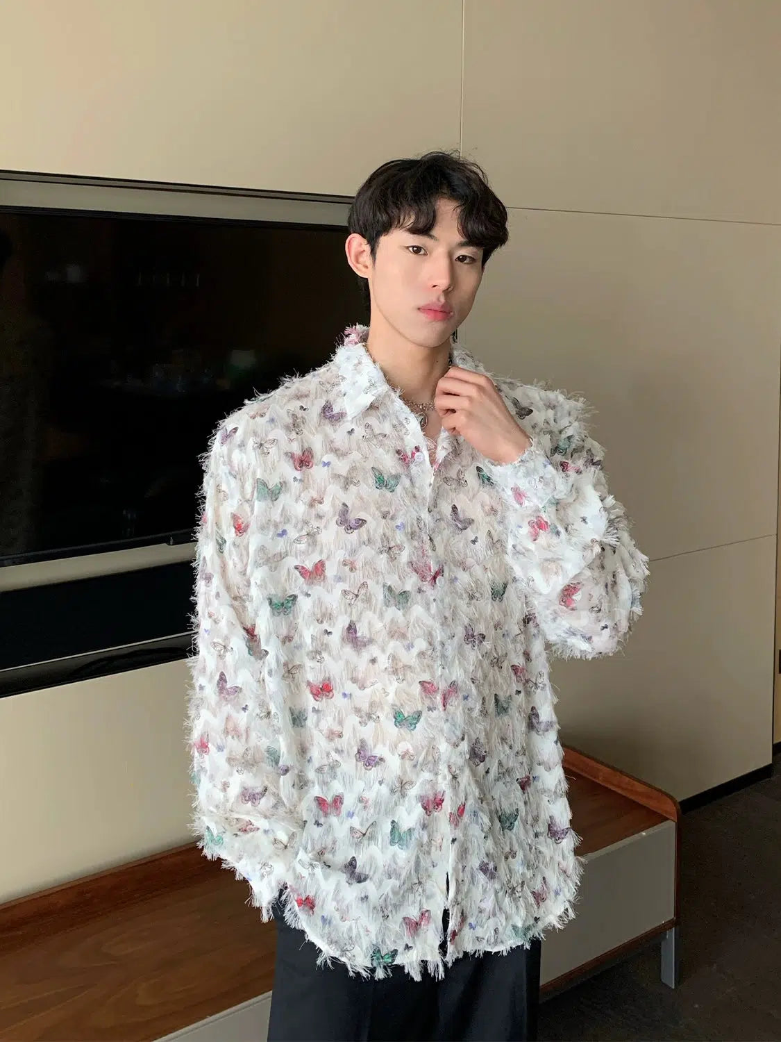 Butterfly Print Fringed Long Sleeve Shirt
