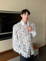 Butterfly Print Fringed Long Sleeve Shirt