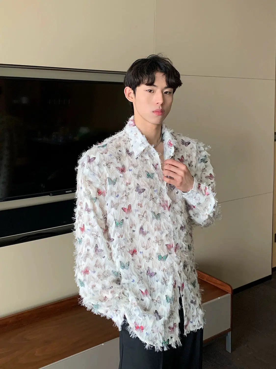 Butterfly Print Fringed Long Sleeve Shirt