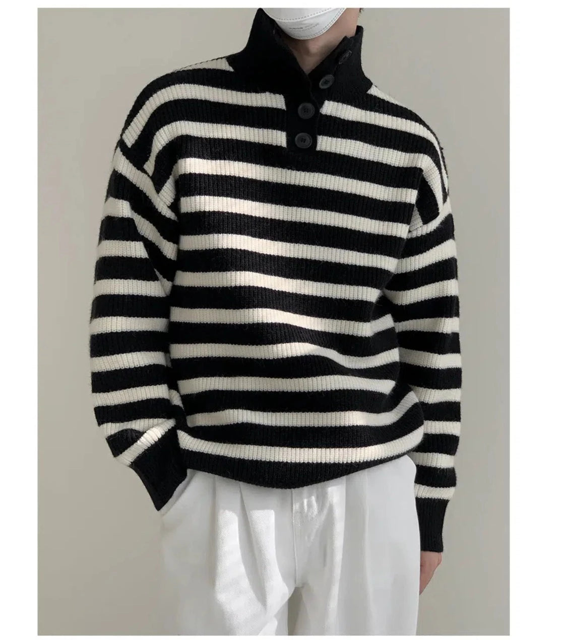 Button Stand Collar Striped Sweater