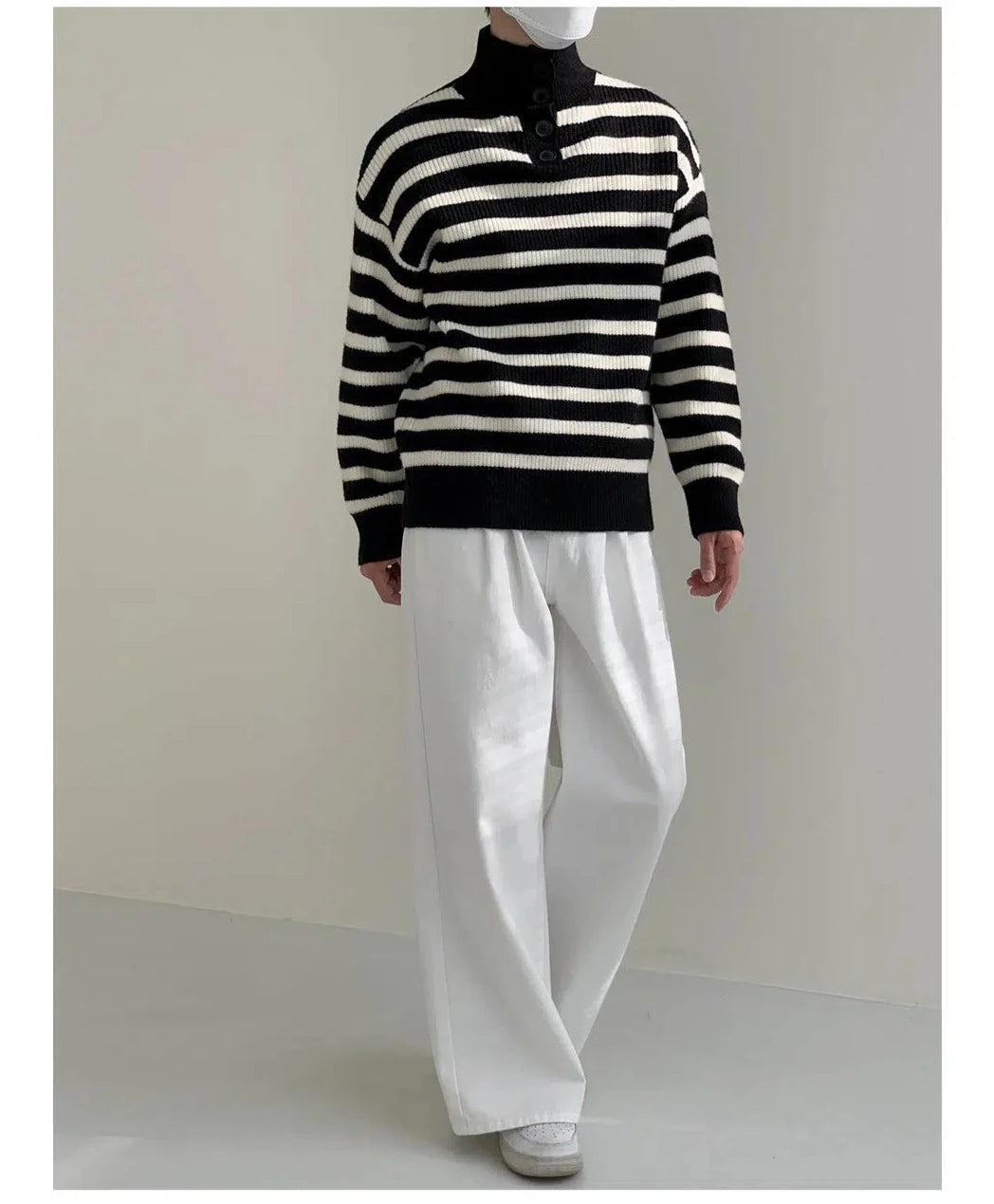 Button Stand Collar Striped Sweater