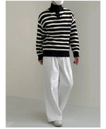 Button Stand Collar Striped Sweater