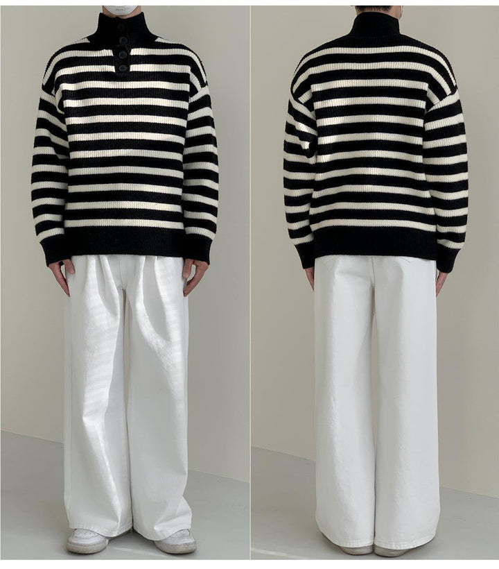 Button Stand Collar Striped Sweater