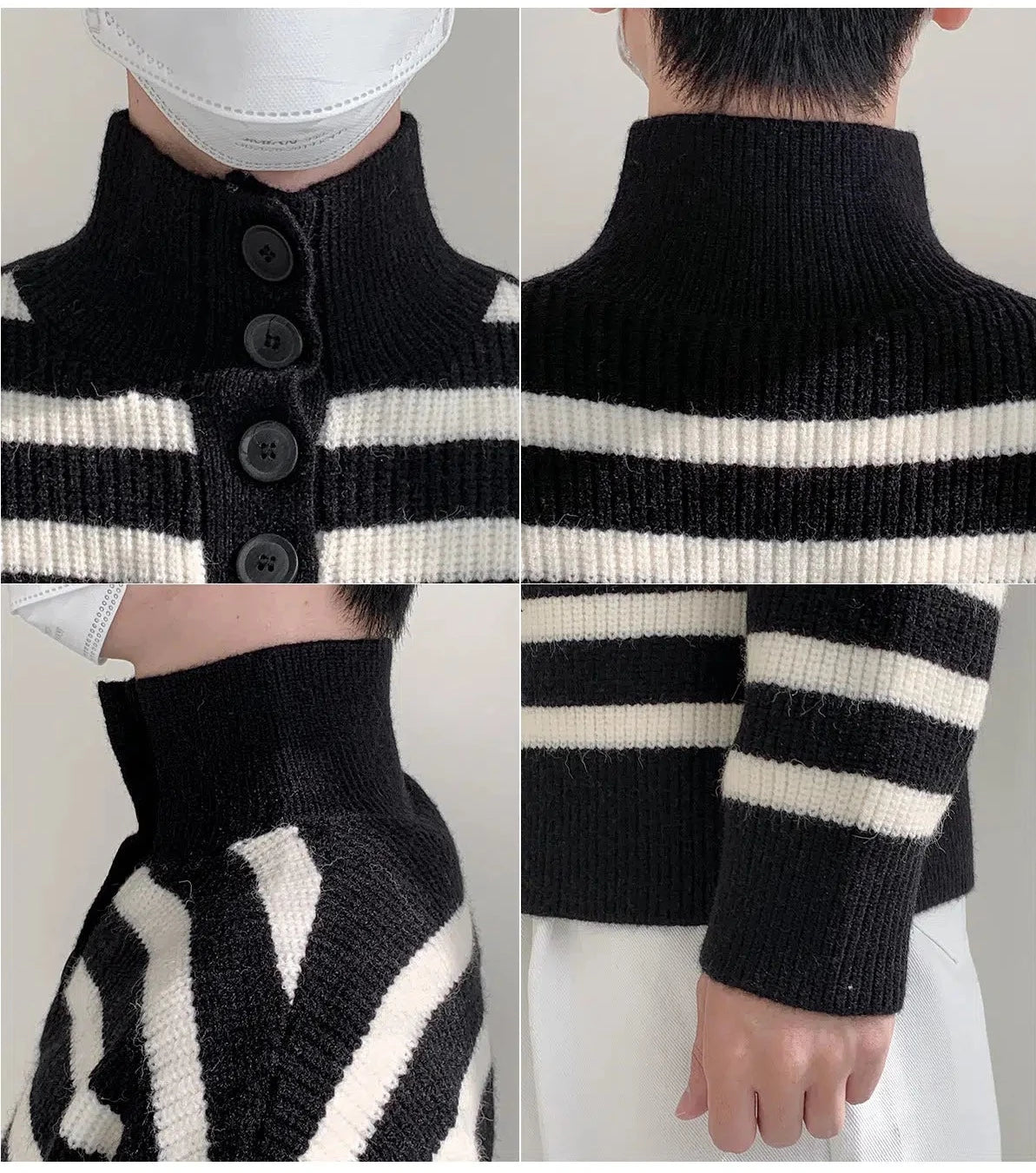 Button Stand Collar Striped Sweater