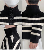 Button Stand Collar Striped Sweater
