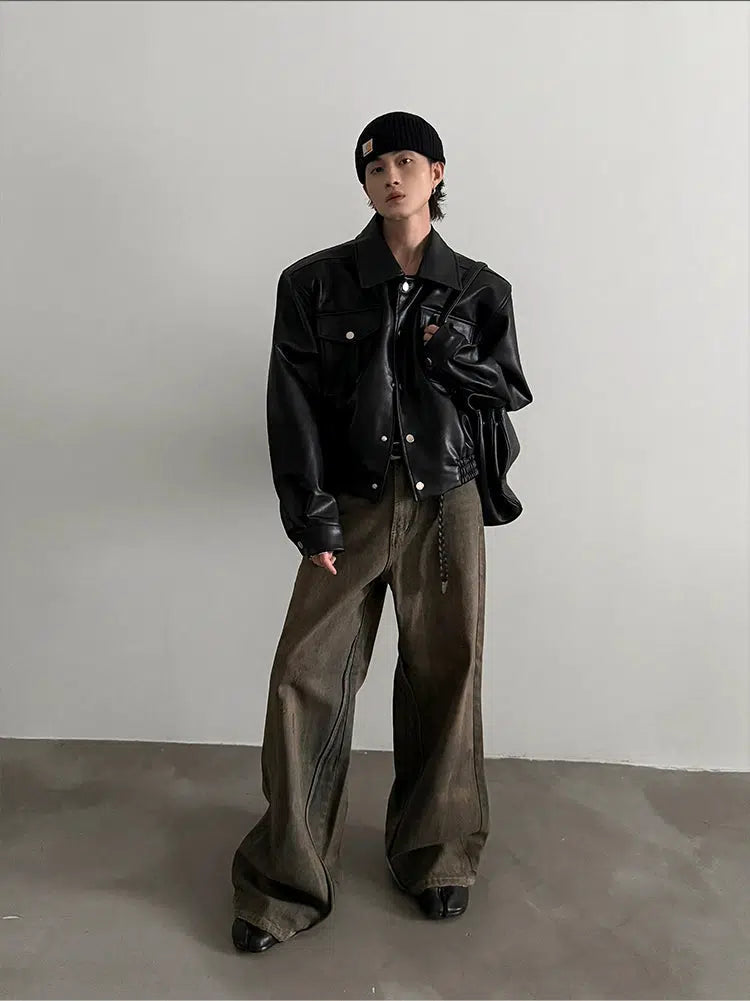 Buttoned Pockets Leather Jacket