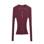 Buttons Ribbed Collared Knit Top