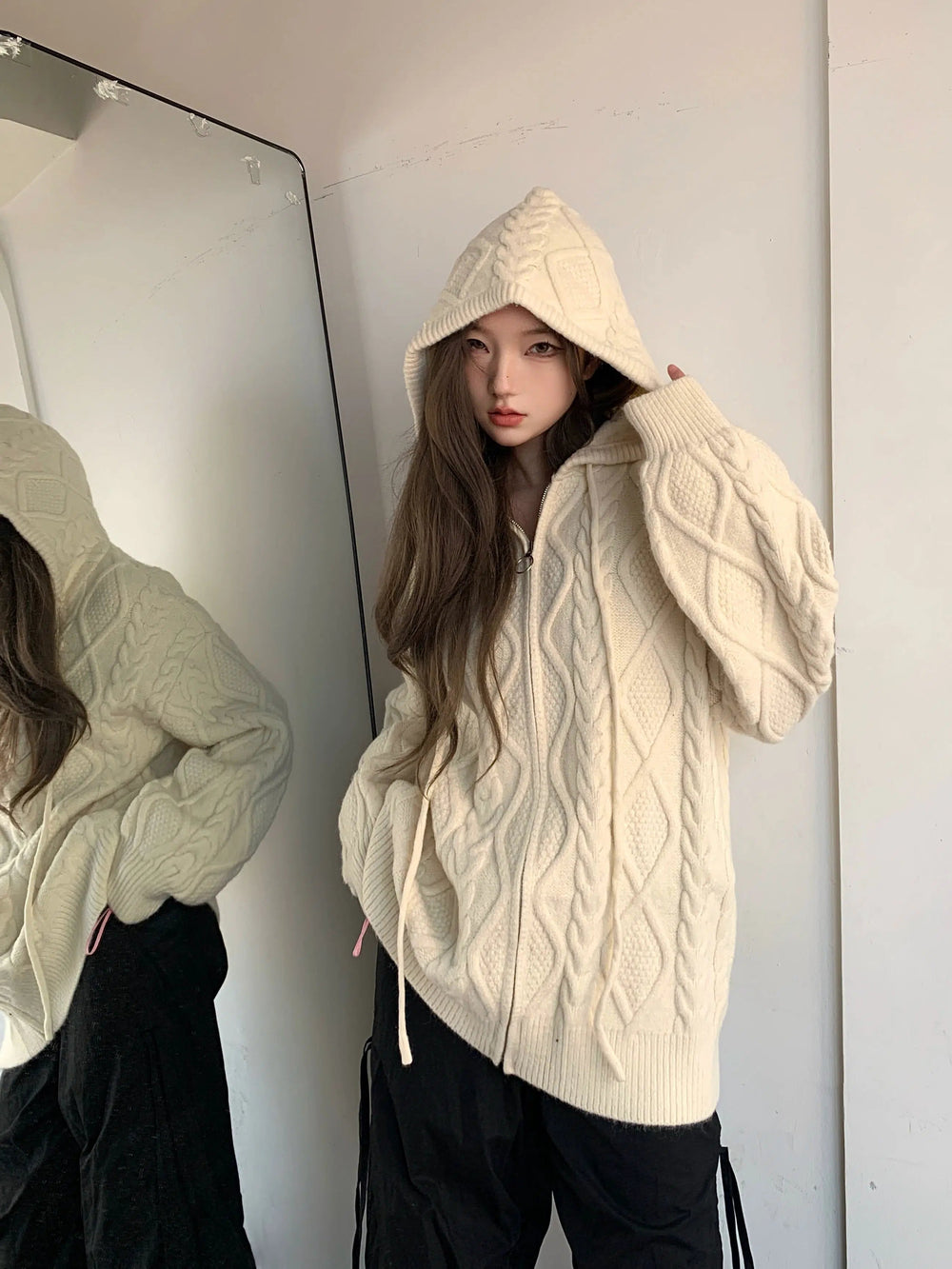 Cable Zipper Knit Hooded Sweater