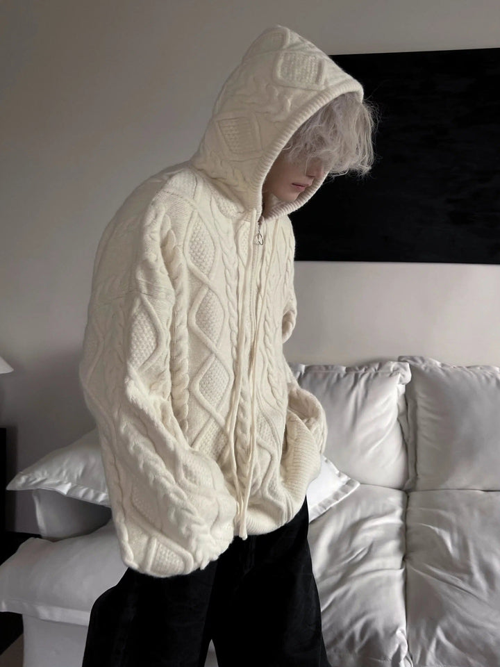 Cable Zipper Knit Hooded Sweater