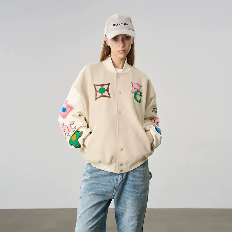 Campus Letter Flower Embroidered Jacket