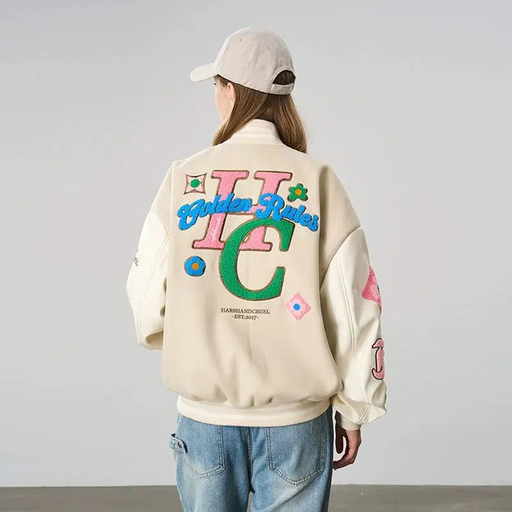 Campus Letter Flower Embroidered Jacket