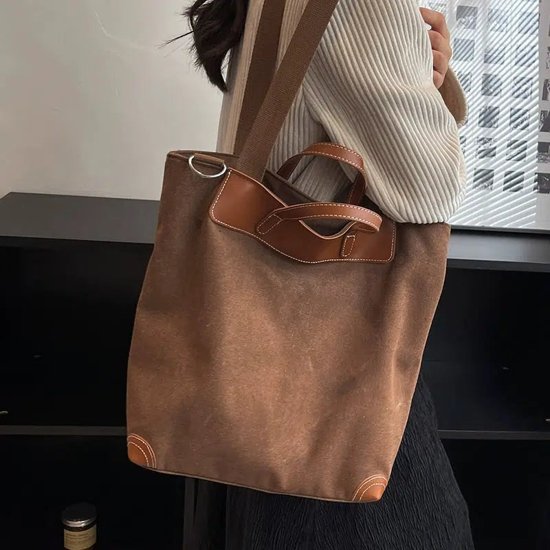 Canvas Leather-Trim Bucket Bag