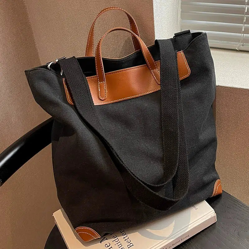 Canvas Leather-Trim Bucket Bag