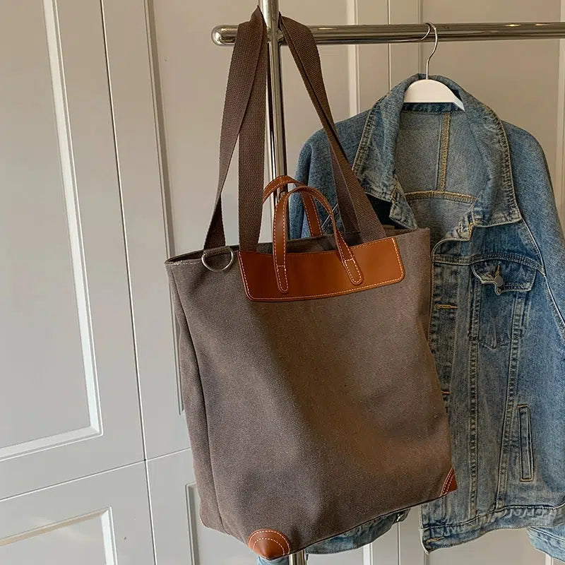 Canvas Leather-Trim Bucket Bag