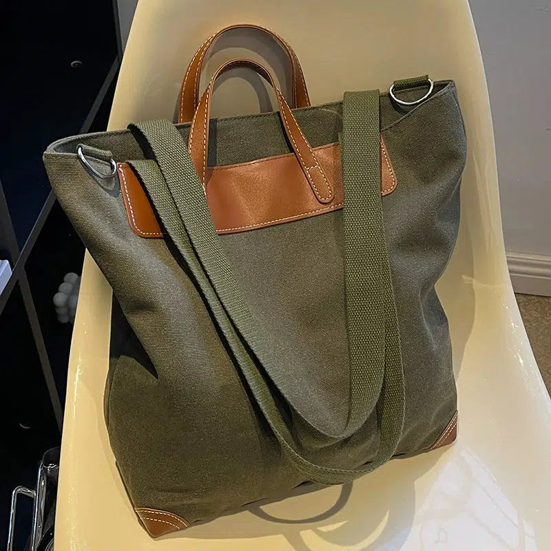 Canvas Leather-Trim Bucket Bag