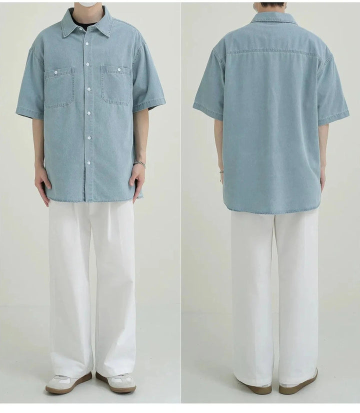 Casual Denim Button-down Shirt with Pockets