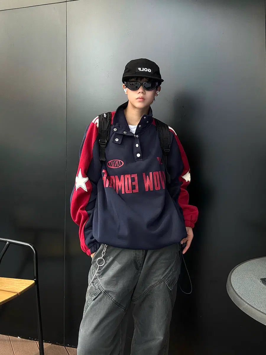 Stitching Button Stand Collar Sweatshirt