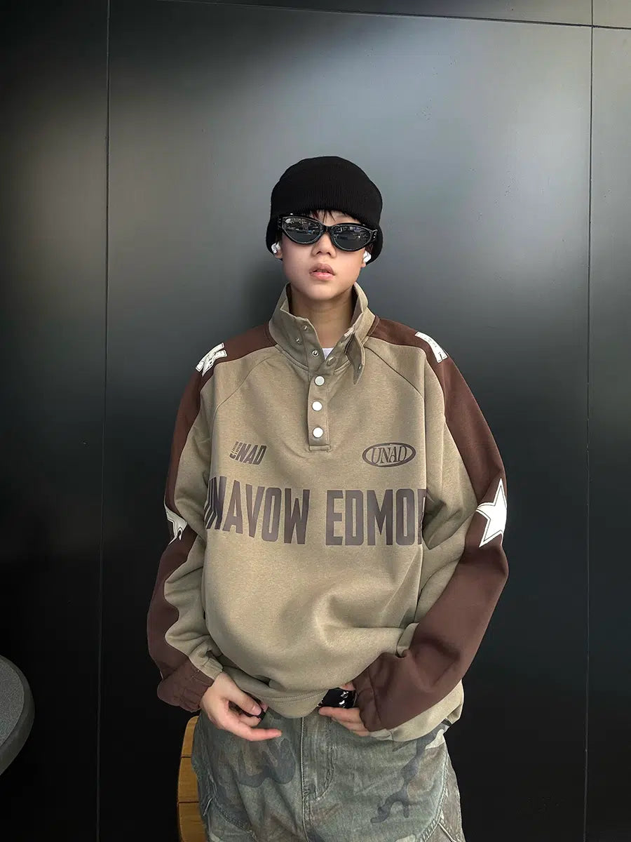 Stitching Button Stand Collar Sweatshirt