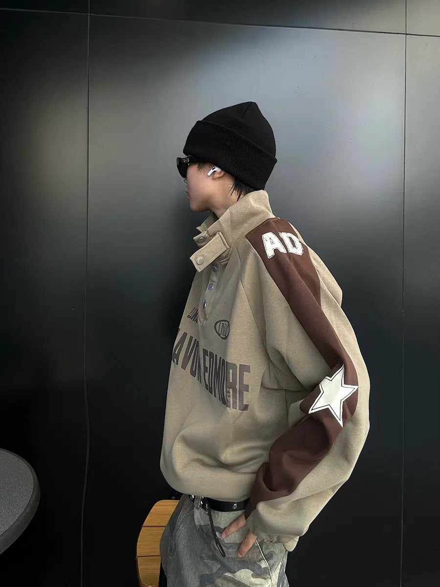 Stitching Button Stand Collar Sweatshirt