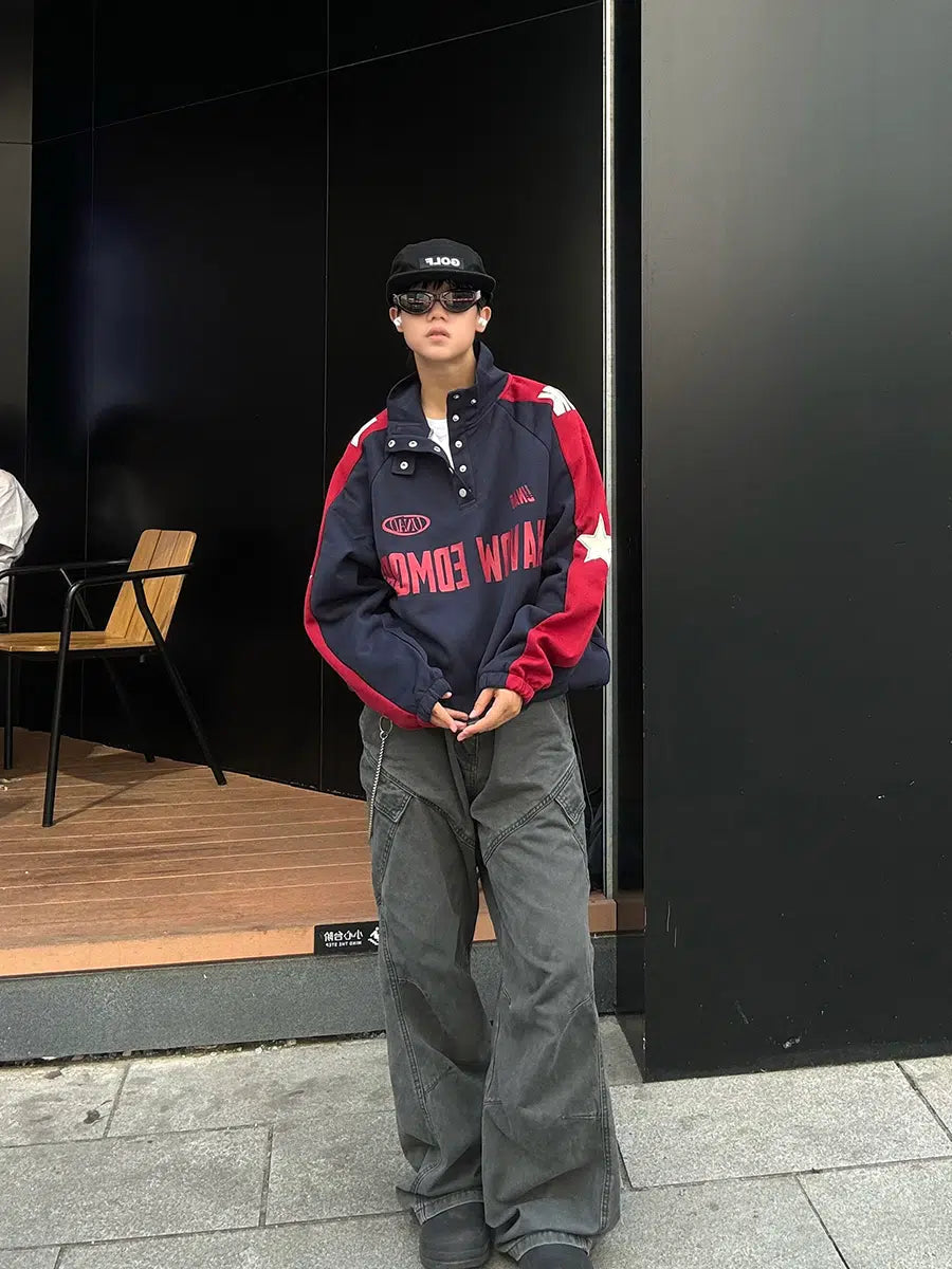 Stitching Button Stand Collar Sweatshirt