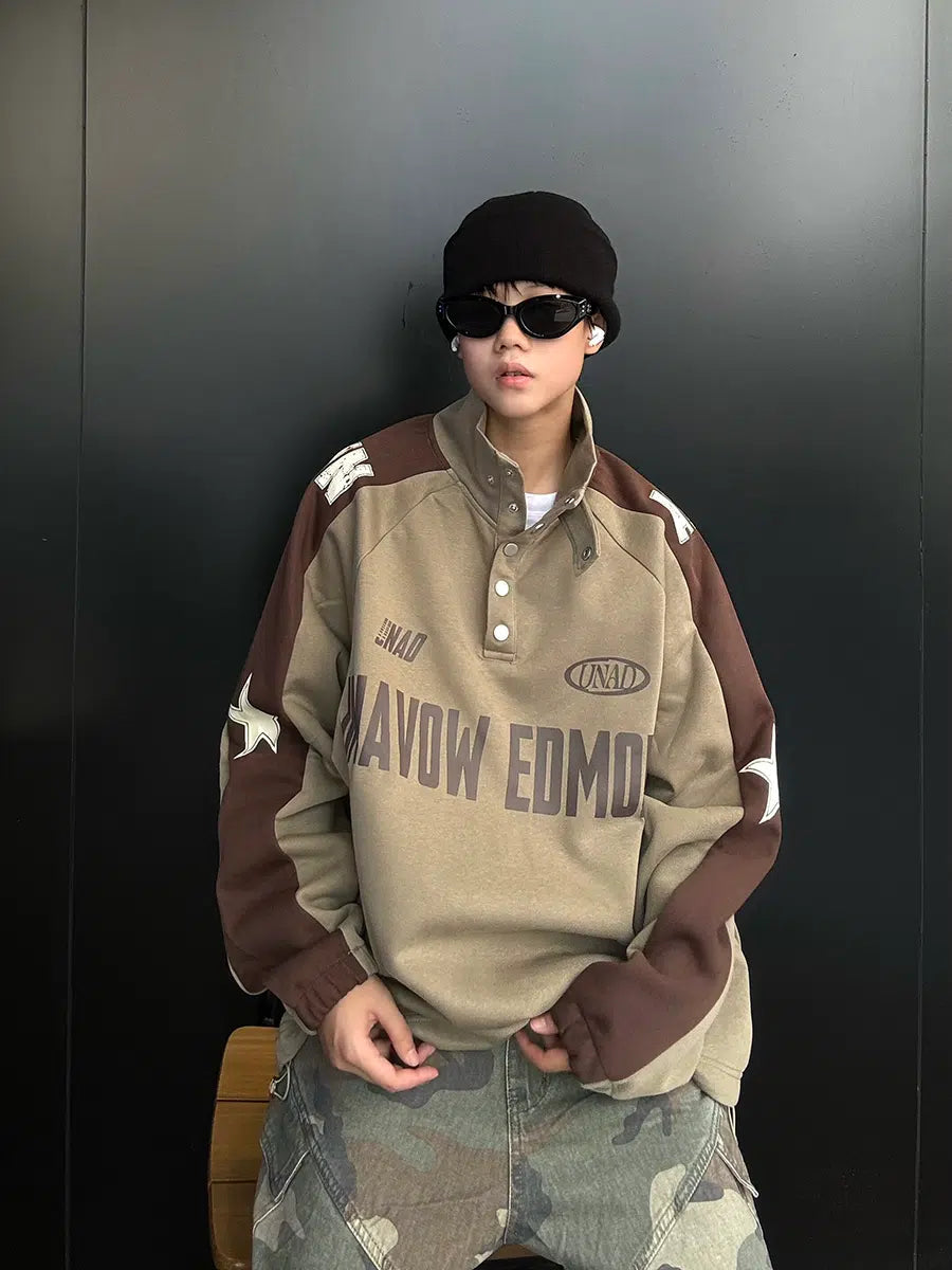 Stitching Button Stand Collar Sweatshirt