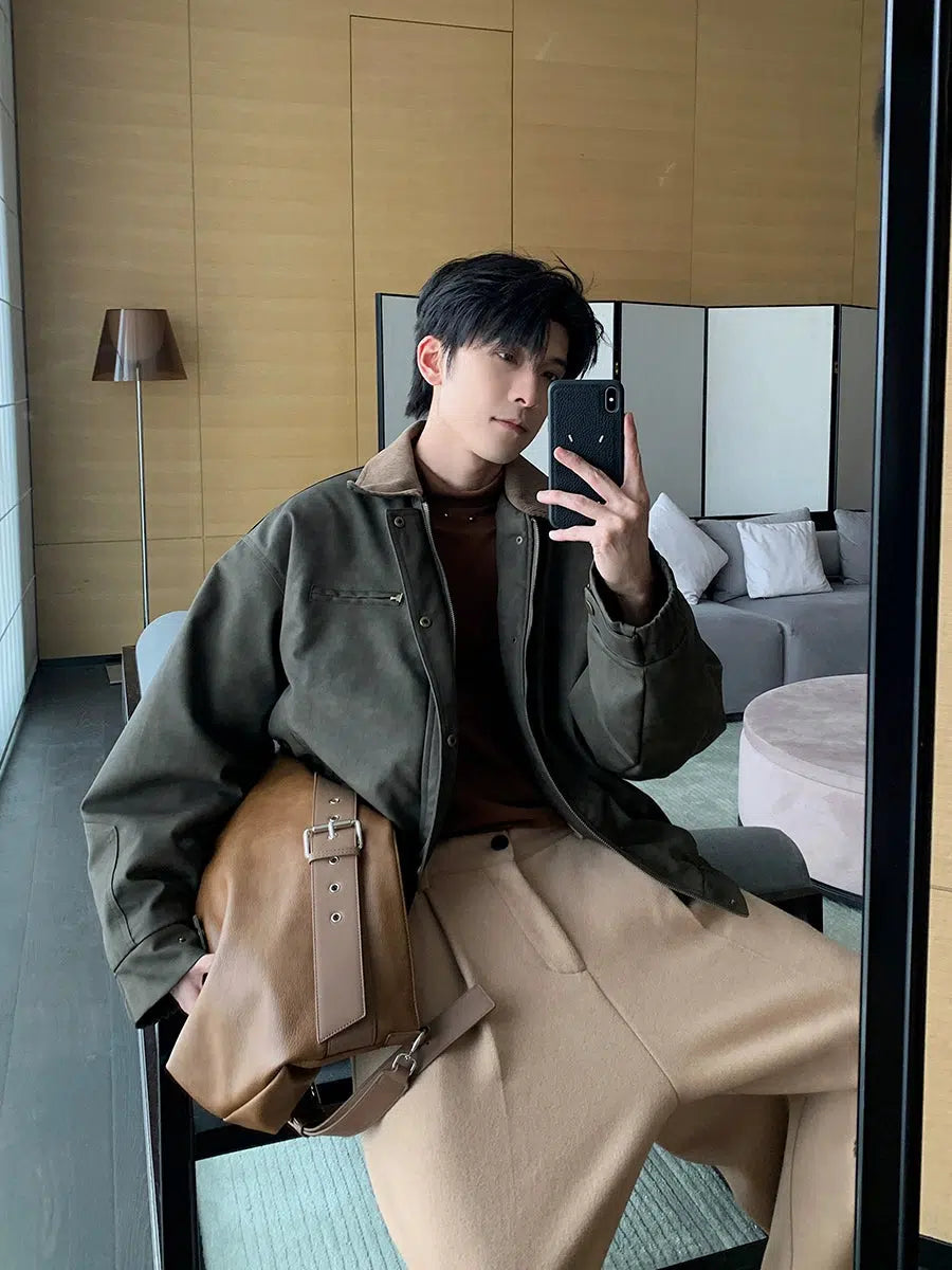 Pu Leather Suede-Collar Jacket