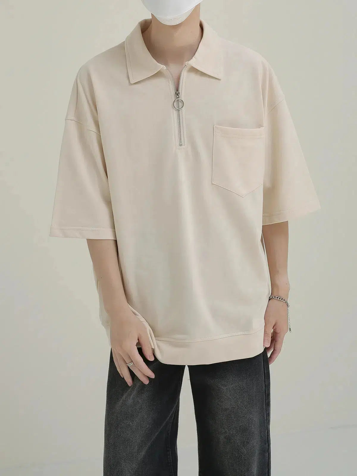 Casual Zip-Up Polo Shirt with Chest Pocket