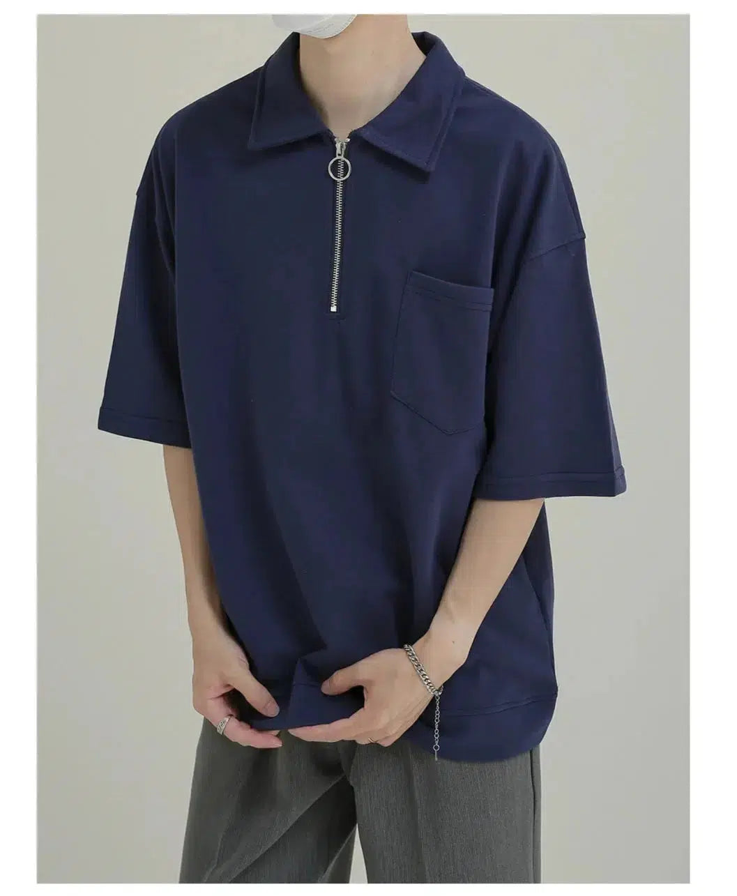Casual Zip-Up Polo Shirt with Chest Pocket