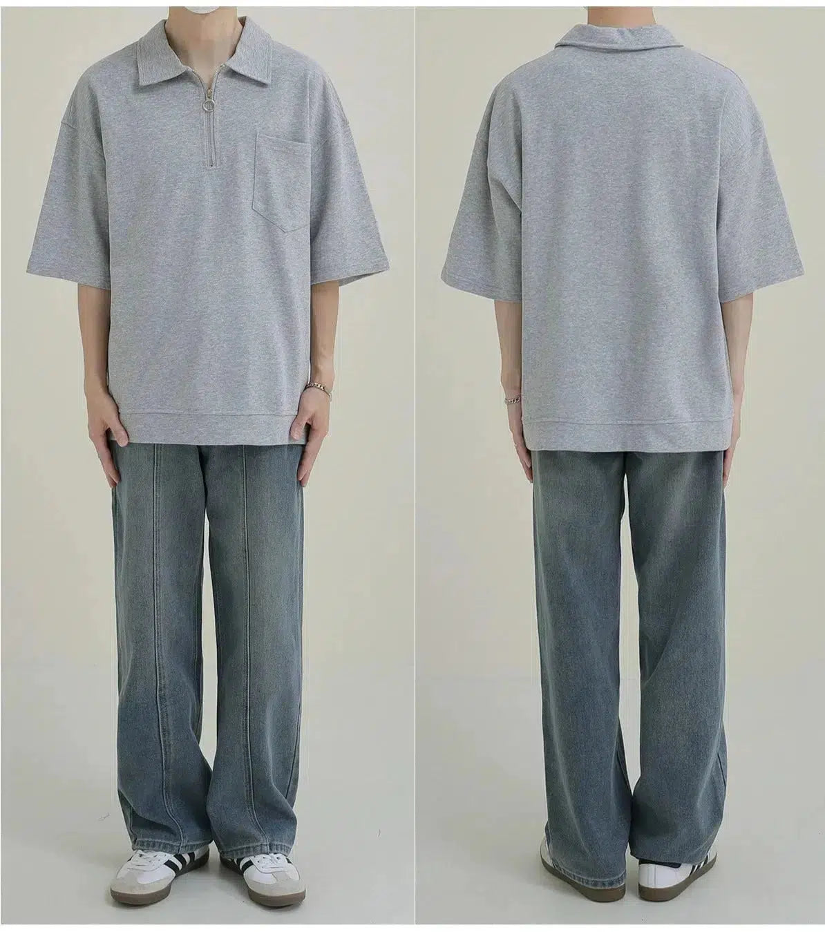 Casual Zip-Up Polo Shirt with Chest Pocket