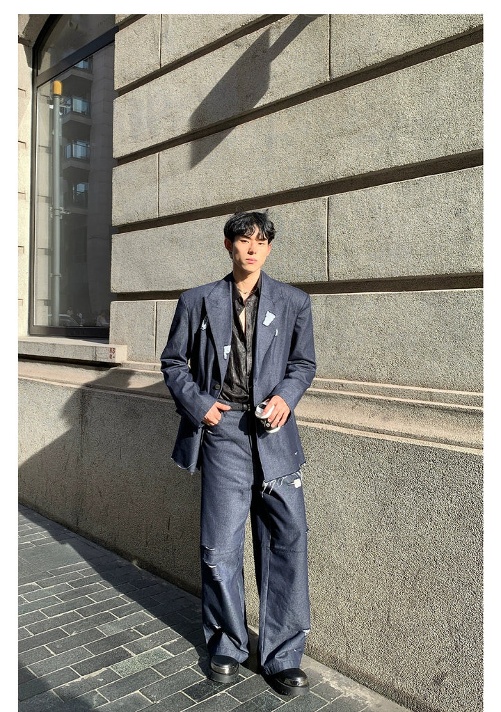 Chambray Blazer & Wide-Leg Pants Denim Suit